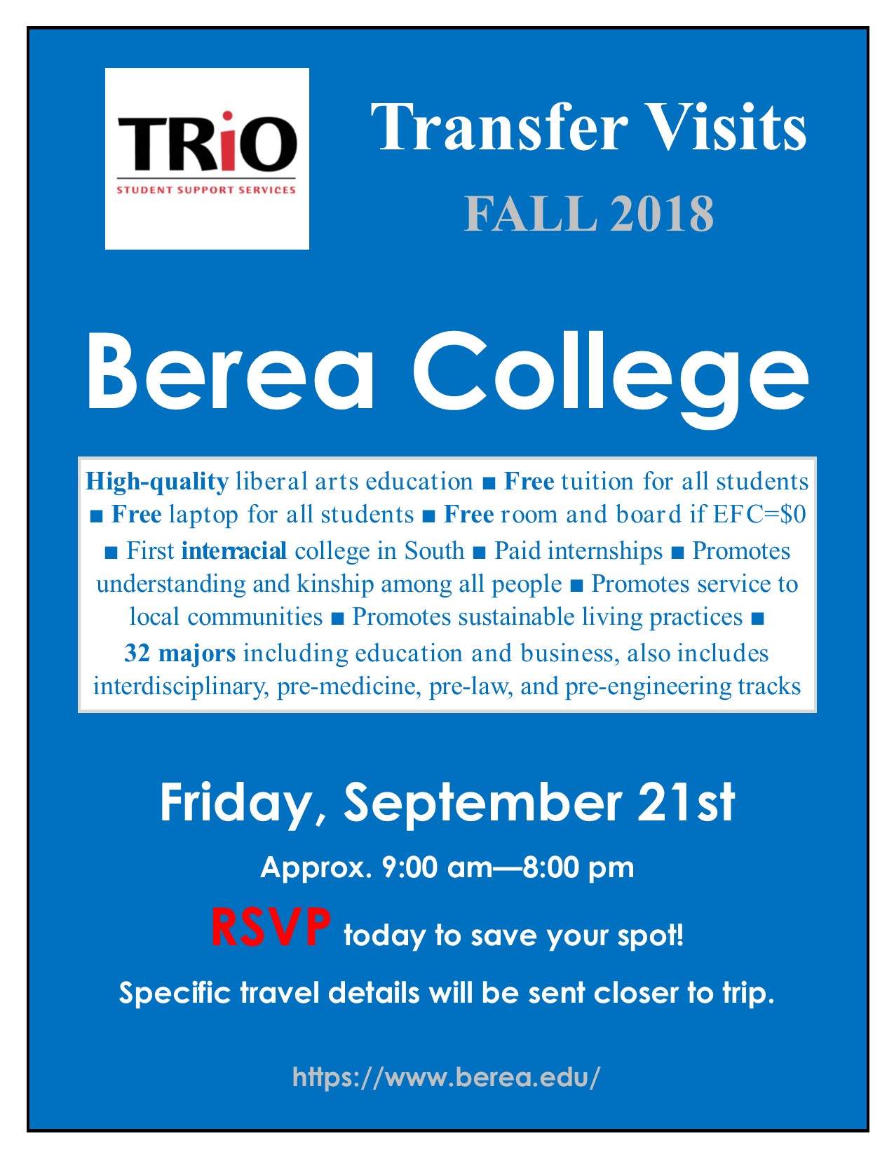 Fall 2018 Berea College Transfer Visit flyer.