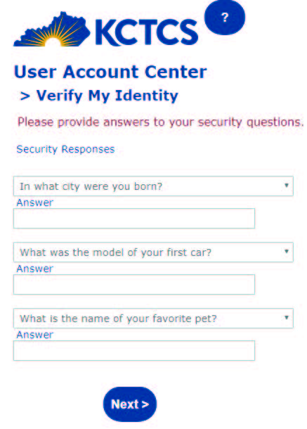 The User Account Center asking for security questions