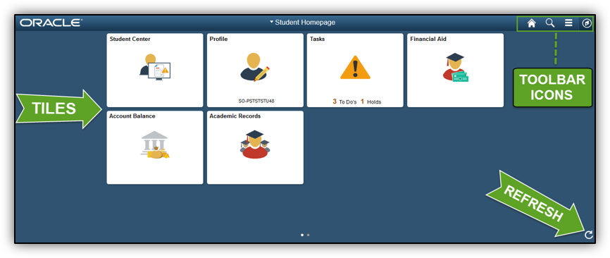 Screenshot of a sample self-service homepage illustrating the location of tiles, toolbar icons, and refresh