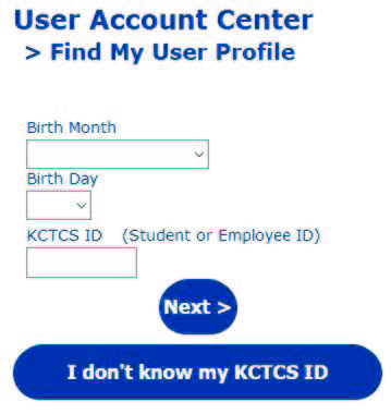  User Account Center asks for your birth date and KCTCS ID