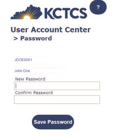 User Account center password change screen