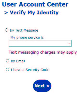 User Account Center asking you if you want a security code texted or emailed to you