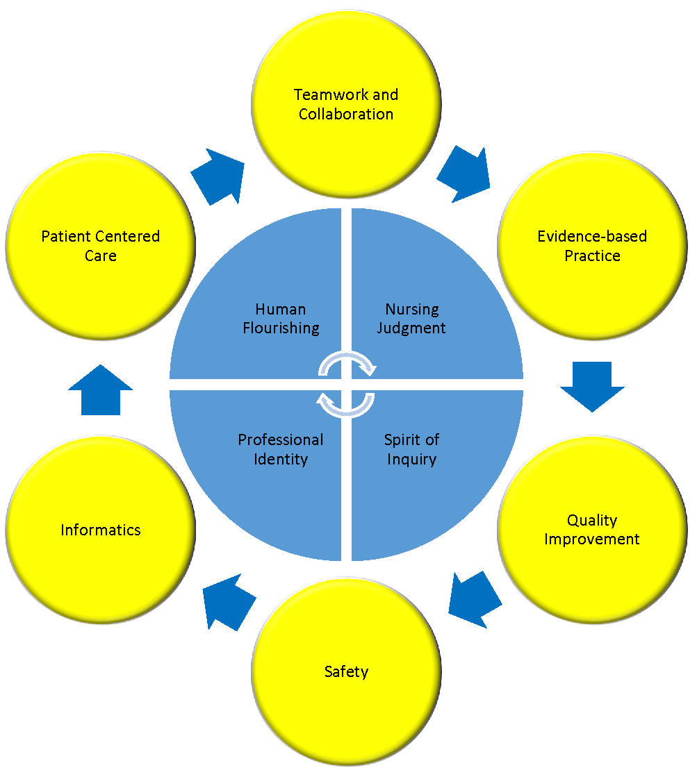 Outer cycle of Teamwork and Collaboration, Evidence-based Practice, Quality Improvement, Safety, Informatics, and Patient Centered Care. Inner Cycle of Human Flourishing, Nursing Judgement, Spirit of Inquiry, and Professional Identity.