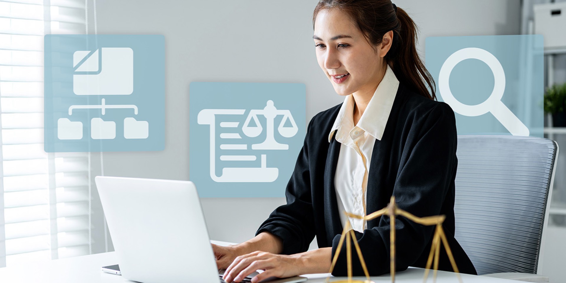 A woman typing on a laptop with icons for file organization, medical documents, and inquiries are in the background